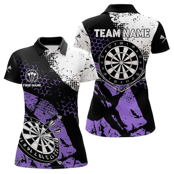 Maxcorners Retro Black Purple Grunge Pattern Darts Polo, Quarter Zip Custom Men Dart Shirt Team Dart Jersey
