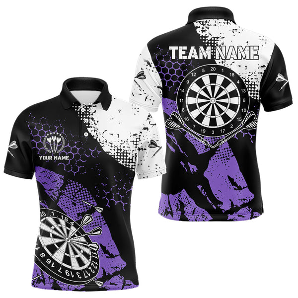 Maxcorners Retro Black Purple Grunge Pattern Darts Polo, Quarter Zip Custom Men Dart Shirt Team Dart Jersey