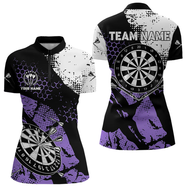 Maxcorners Retro Black Purple Grunge Pattern Darts Polo, Quarter Zip Custom Men Dart Shirt Team Dart Jersey