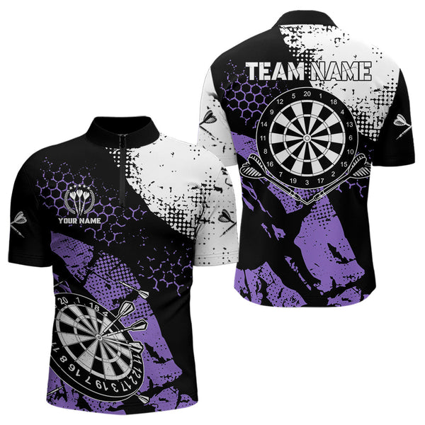 Maxcorners Retro Black Purple Grunge Pattern Darts Polo, Quarter Zip Custom Men Dart Shirt Team Dart Jersey
