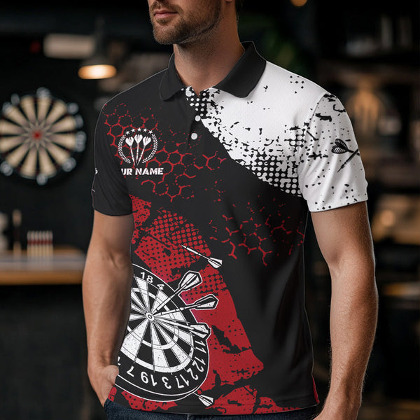 Maxcorners Retro Black Red Grunge Pattern Darts Polo, Quarter Zip Custom Men Dart Shirt Team Dart Jersey