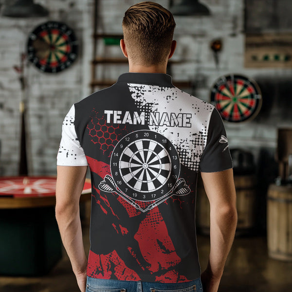 Maxcorners Retro Black Red Grunge Pattern Darts Polo, Quarter Zip Custom Men Dart Shirt Team Dart Jersey