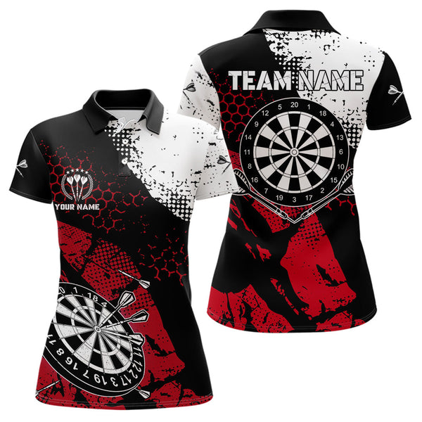 Maxcorners Retro Black Red Grunge Pattern Darts Polo, Quarter Zip Custom Men Dart Shirt Team Dart Jersey