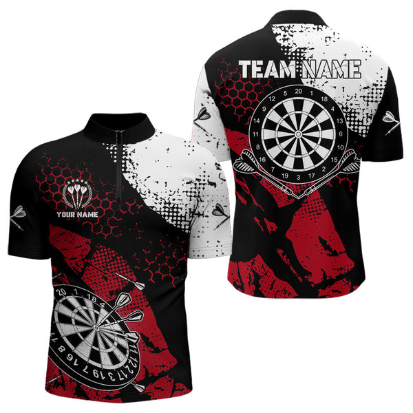 Maxcorners Retro Black Red Grunge Pattern Darts Polo, Quarter Zip Custom Men Dart Shirt Team Dart Jersey