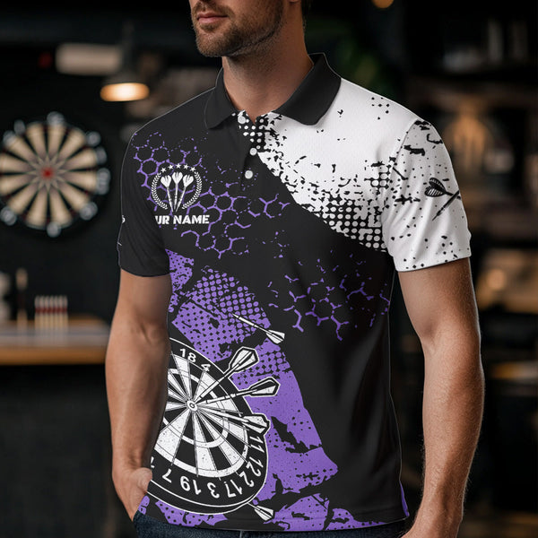 Maxcorners Retro Black Purple Grunge Pattern Darts Polo, Quarter Zip Custom Men Dart Shirt Team Dart Jersey