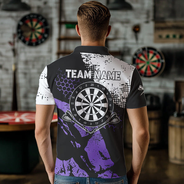 Maxcorners Retro Black Purple Grunge Pattern Darts Polo, Quarter Zip Custom Men Dart Shirt Team Dart Jersey