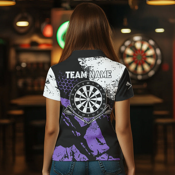 Maxcorners Retro Black Purple Grunge Pattern Darts Polo, Quarter Zip Custom Men Dart Shirt Team Dart Jersey