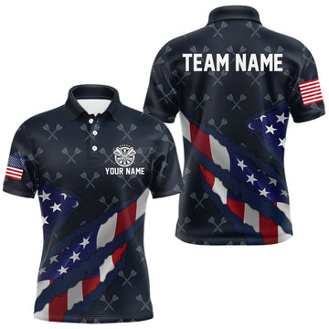 Maxcorners Navy Blue American Flag Darts Shirt For Men Custom Darts Polo & 1/4 Zip, Patriotic Darts Jersey LM2602