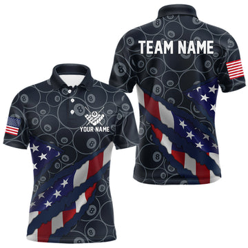 Maxcorners Navy Blue US Flag 8 Ball Billiard Shirt For Men Custom Patriotic Pool Team Jersey Polo & 1/4 Zip LM2602