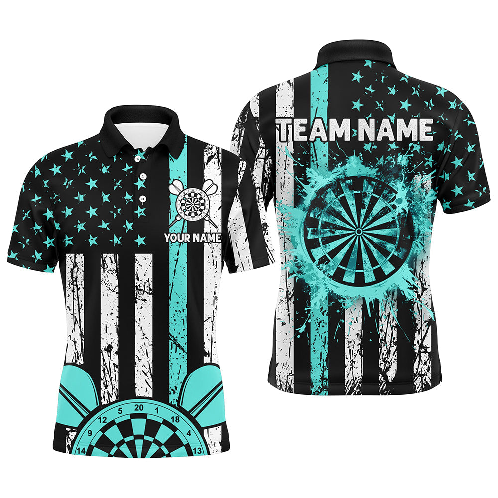 Maxcorners Turquoise Grunge Us Flag Patriotic Darts Jersey Customized Name, Team Name 3D Polo Shirt