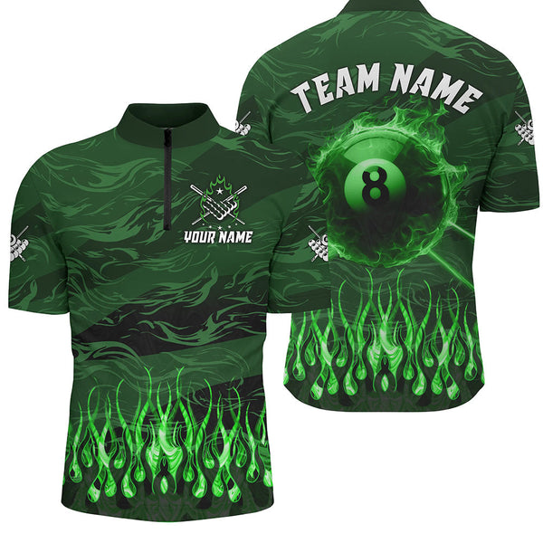 Maxcorners Personalized Green Flaming 8 Ball Pool Cue Fire Billiard Shirts For Men Team League Billiard Jersey