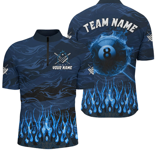 Maxcorners Personalized Blue Flaming 8 Ball Pool Cue Fire Billiard Shirts For Men Team League Billiard Jersey