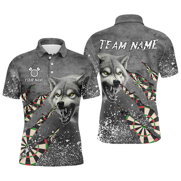 Maxcorners Personalized Grey Grunge Wolf Dart Shirts For Men, Darts League Team Shirts Cool Dart Jerseys