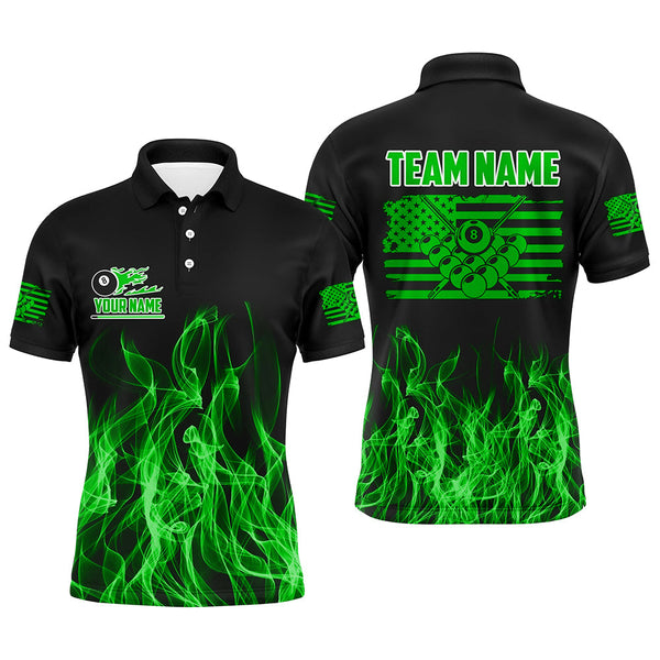 Maxcorners 3D Green Flaming American Flag Men And Women Billiard Shirt Custom Patriotic Pool Player Billiard Jersey