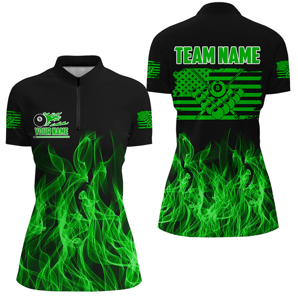 Maxcorners 3D Green Flaming American Flag Men And Women Billiard Shirt Custom Patriotic Pool Player Billiard Jersey