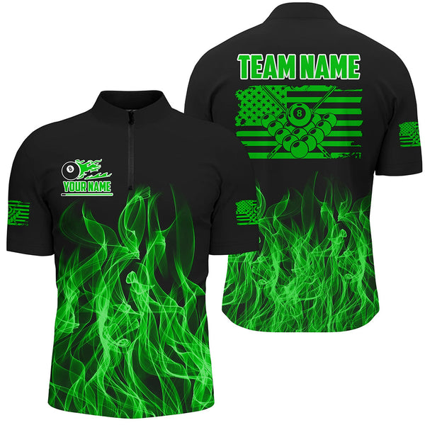 Maxcorners 3D Green Flaming American Flag Men And Women Billiard Shirt Custom Patriotic Pool Player Billiard Jersey