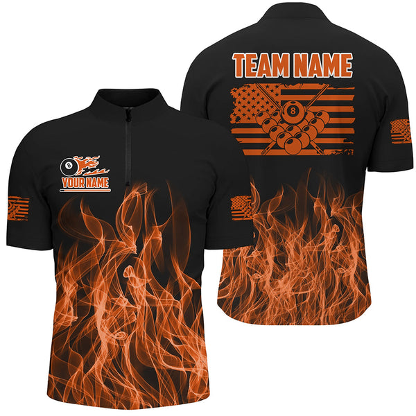 Maxcorners 3D Orange Flaming American Flag Men And Women Billiard Shirt Custom Patriotic Pool Player Billiard Jersey