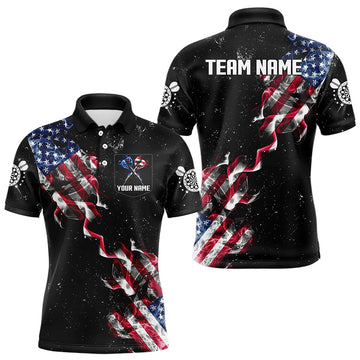 Maxcorners Custom US Flag Smoke Men's Darts Shirt With Pocket, Patriotic Darts Jersey LM3006