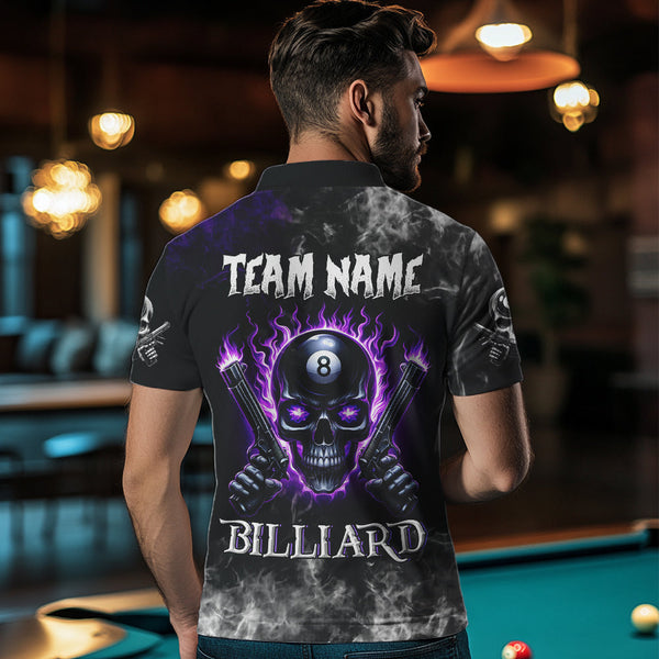 Maxcorners Personalized Purple 8 Ball Fire Flame Gun Skull Smoke Billiard Shirt For Men, Cool Billiard Jersey