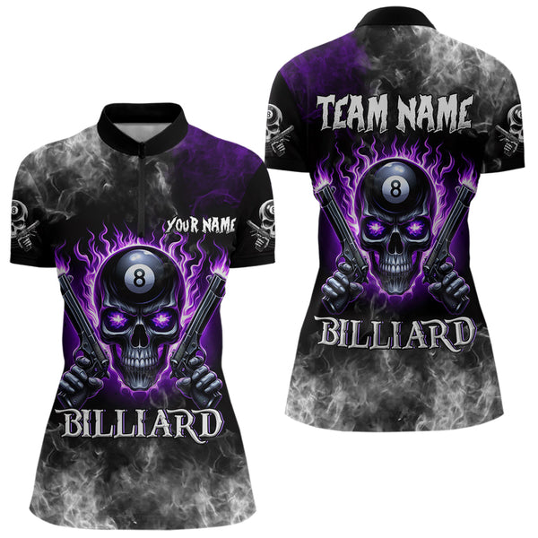 Maxcorners Personalized Purple 8 Ball Fire Flame Gun Skull Smoke Billiard Shirt For Men, Cool Billiard Jersey