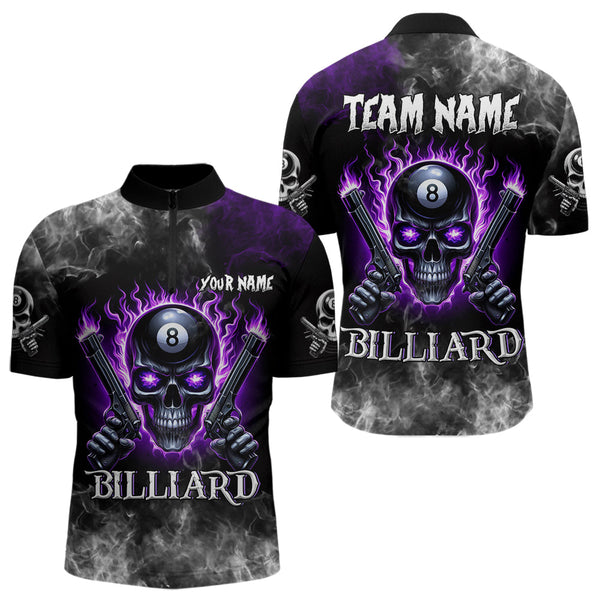 Maxcorners Personalized Purple 8 Ball Fire Flame Gun Skull Smoke Billiard Shirt For Men, Cool Billiard Jersey