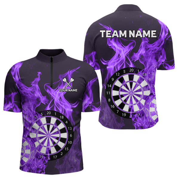 Maxcorners Purple Flaming Dartboard Darts Polo & Quarter Zip Custom Dart Shirts For Men Team Dart Jerseys MT2306