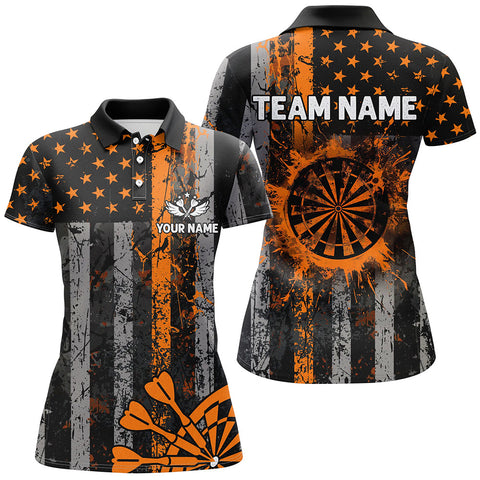 Maxcorners Darts Orange Grunge Us Flag Patriotic Customized Name, Team Anme 3D Polo Shirt