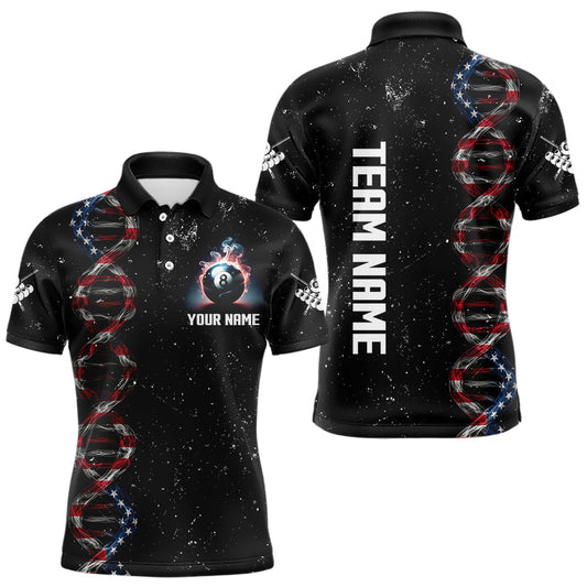 Maxcorners Men's Custom DNA American Flag Smoke 8 Ball Billiard Shirt, Patriotic Pool Jersey Polo & 1/4 Zip LM1708