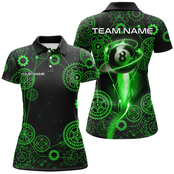 Maxcorners Personalized Green Billiard Shirts For Women Custom Gearwheel Pattern Billiard Jerseys Team Uniform