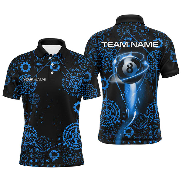 Maxcorners Personalized Blue Billiard Shirts For Men Custom Gearwheel Pattern Billiard Jerseys Team Uniform