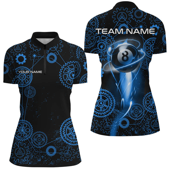 Maxcorners Personalized Blue Billiard Shirts For Women Custom Gearwheel Pattern Billiard Jerseys Team Uniform