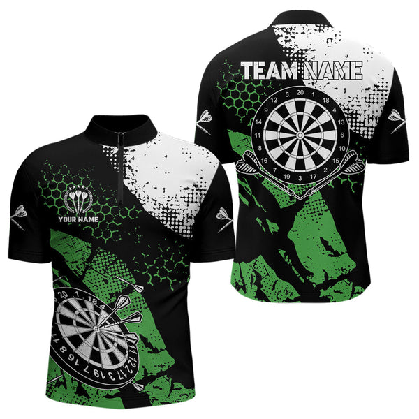 Maxcorners Retro Black Green Grunge Pattern Darts Polo, Quarter Zip Custom Men  Dart Shirt Team Dart Jersey