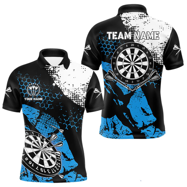 Maxcorners Retro Black Blue Grunge Pattern Darts Polo, Quarter Zip Custom Men Dart Shirt Team Dart Jersey
