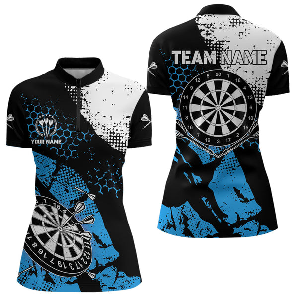 Maxcorners Retro Black Blue Grunge Pattern Darts Polo, Quarter Zip Custom Men Dart Shirt Team Dart Jersey
