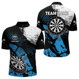 Maxcorners Retro Black Blue Grunge Pattern Darts Polo, Quarter Zip Custom Men Dart Shirt Team Dart Jersey