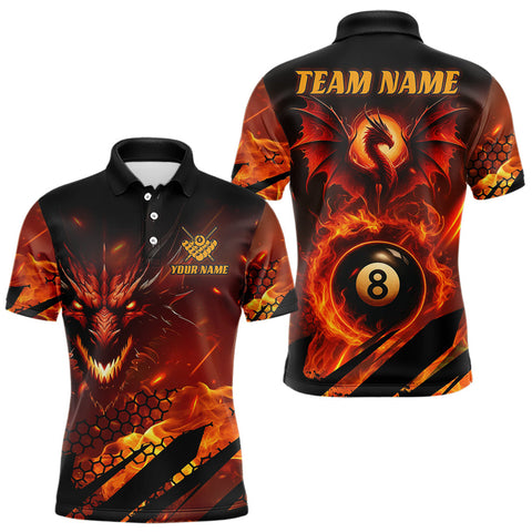 Maxcorners Personalized Orange Flame Dragon 8 Ball Billiard Shirt For Men, Pool Team Jersey Polo & 1/4 Zip MT1607