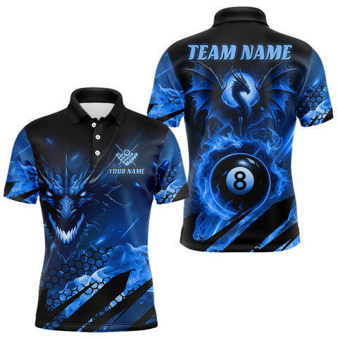 Maxcorners Personalized Blue Fire Flame Dragon 8 Ball Billiard Shirt For Men, Pool Team Jersey Polo & 1/4 Zip MT1607