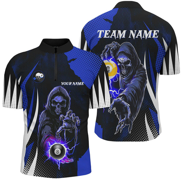 Maxcorners Funny Blue Death Skeleton 8 Ball & 9 Ball Billiard Shirts For Men Custom League Billiard Jerseys