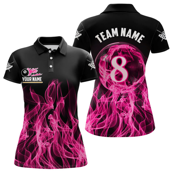 Maxcorners 3D Pink Flaming 8 Ball Pool Men Billiard Polo & 1/4 Zip Shirt Custom Pool Player Billiard Jersey