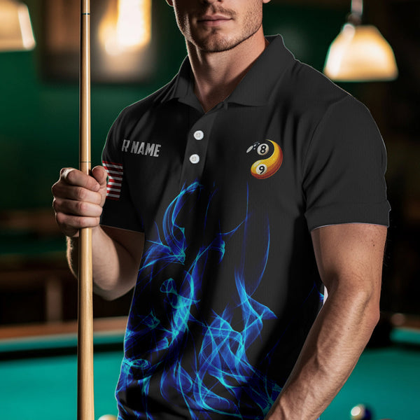 Maxcorners Blue Flaming Ying And Yang 8 Ball & 9 Ball Billiard Shirts For Men Custom Pool Billiard Jerseys