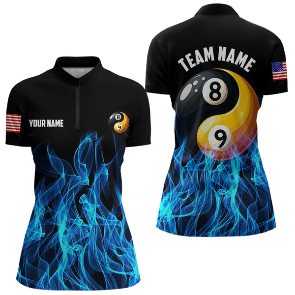 Maxcorners Blue Flaming Ying And Yang 8 Ball & 9 Ball Billiard Shirts For Men Custom Pool Billiard Jerseys