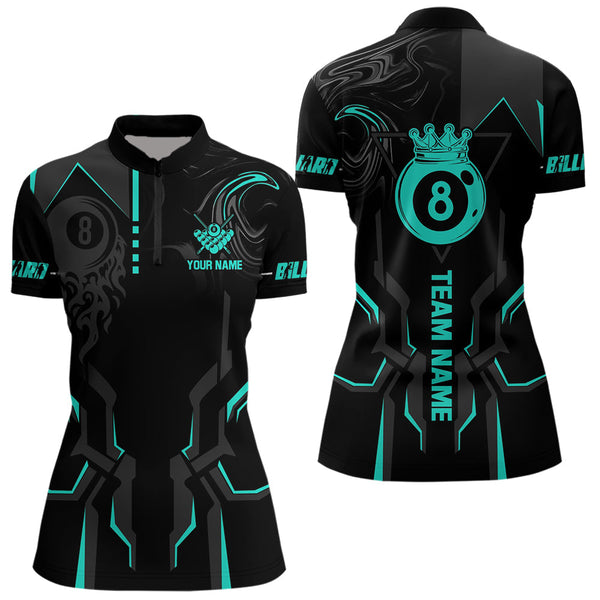Maxcorners Custom 8 Ball Pool Crown Men Billiard Shirts, Turquoise And Black Billiard Team Shirt, Pool Jersey