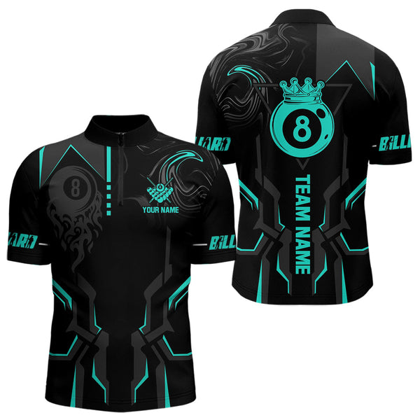 Maxcorners Custom 8 Ball Pool Crown Men Billiard Shirts, Turquoise And Black Billiard Team Shirt, Pool Jersey