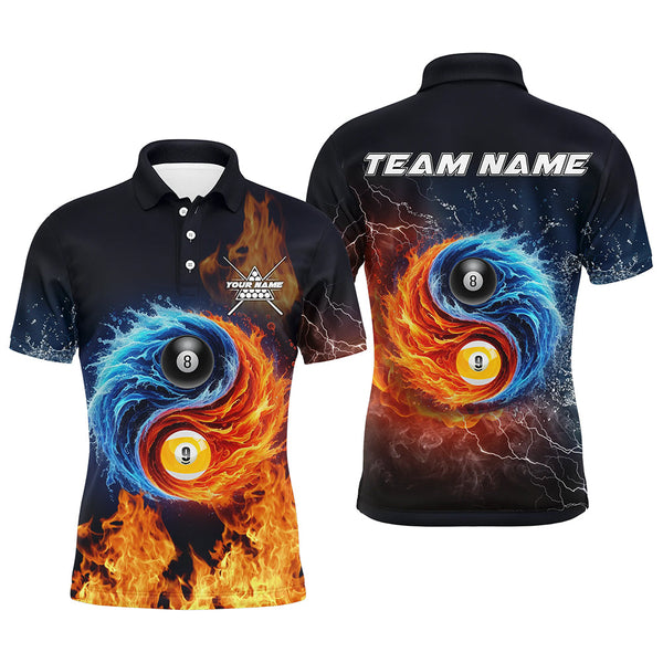 Maxcorners Personalized Billiard 8 Ball & 9 Ball 3D Water And Fire Men Polo Shirts, Billiard Attire Jerseys