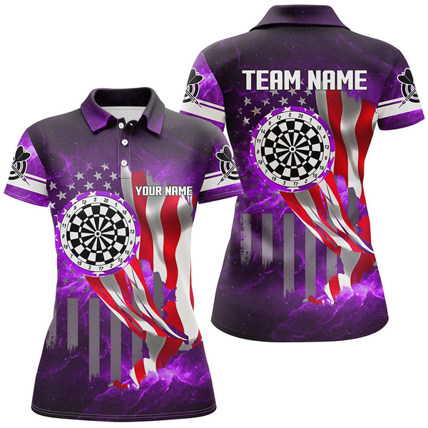 Maxcorners US Flag Dartboard Purple Galaxy Polo & Quarter-Zip Shirts Custom Patriotic Darts League Jerseys