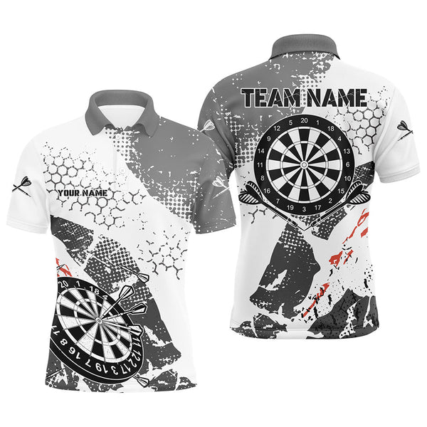 Maxcorners Retro Grey White Pattern Custom Darts Polo & Quarter-Zip Shirts, Grunge Darts Team Jerseys