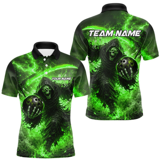 Maxcorners Green Grim Reaper Fire Smoke Bowling Jersey For Men Custom Bowling Team Shirt Polo & 1/4 Zip