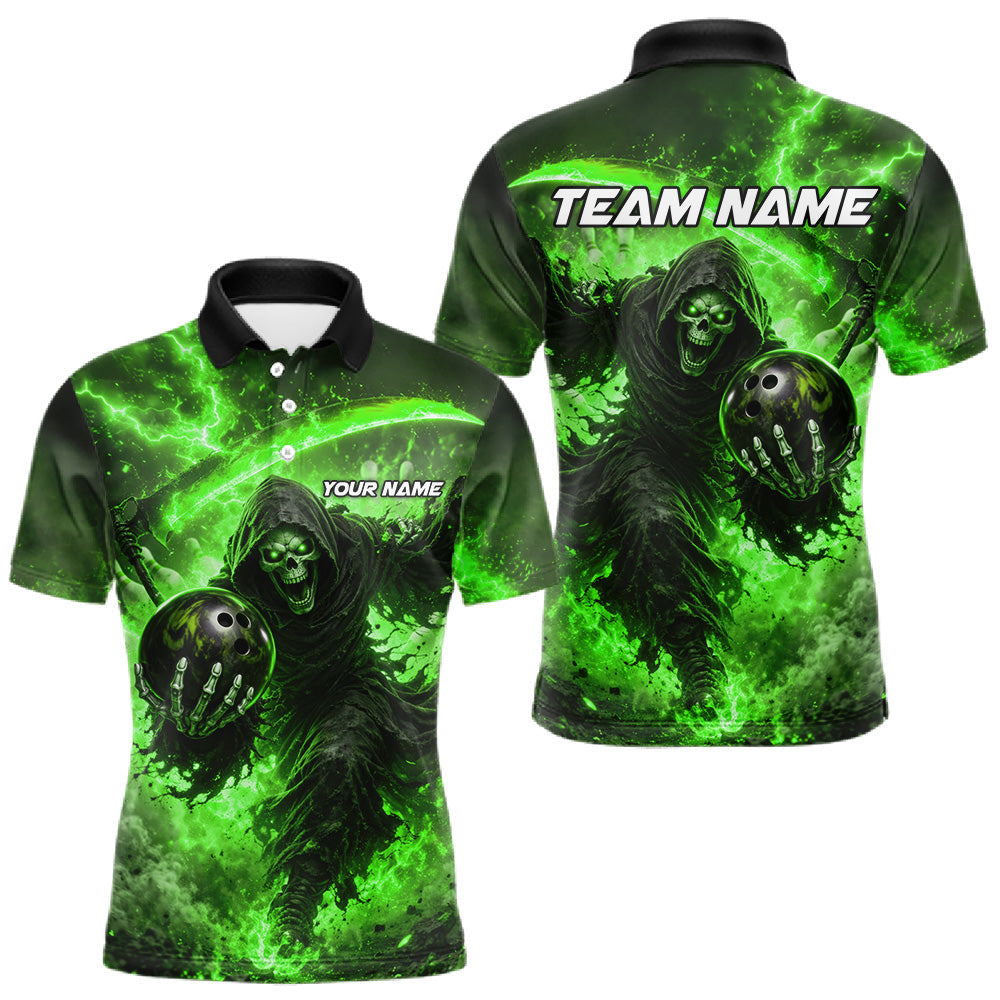 Maxcorners Green Grim Reaper Fire Smoke Bowling Jersey For Men Custom Bowling Team Shirt Polo & 1/4 Zip