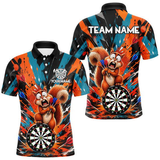 Maxcorners Orange And Turquoise Funny Squirrel Darts Shirts For Men Custom Darts Team Jersey Polo & 1/4 Zip