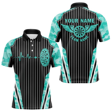 Maxcorners Turquoise Camo Dartboard Pulse Heartbeat Custom Men Dart Shirts, Funny Wings Cool Dart Team Jerseys